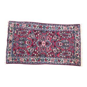 Vintage Sarouk Wool Rug 26x45 Red Blue Floral Design Hand Knotted Flowers Floral